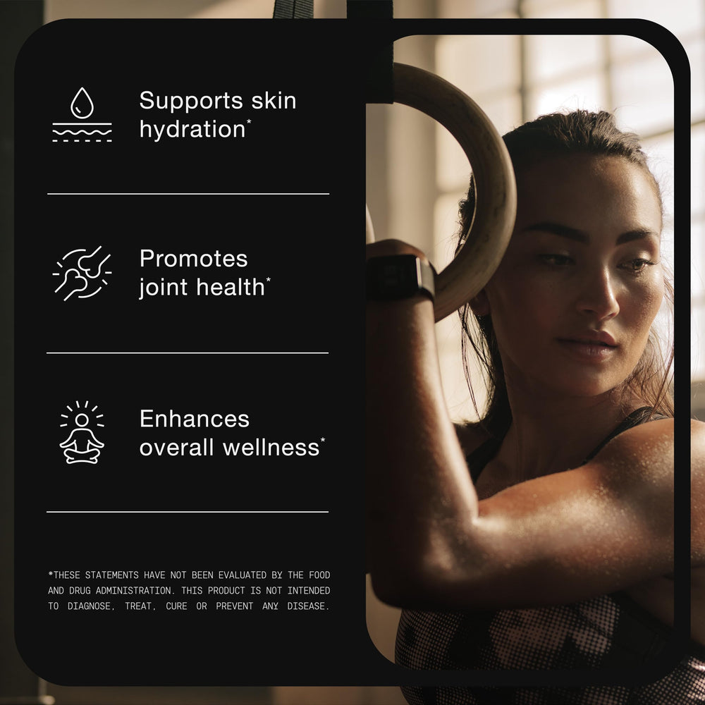 Toniiq Hyaluronic Acid ingredients illustration highlights non-GMO fermentation and vitamin C synergy