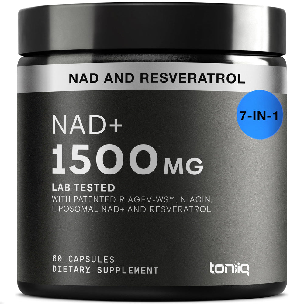 Toniiq Liposomal NAD+ and Resveratrol bottle, premium packaging for daily wellness use