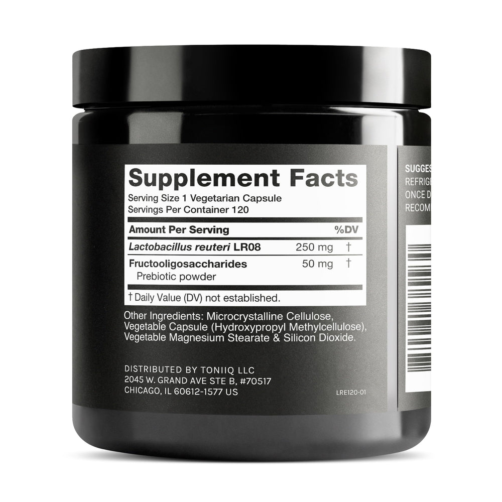 Close-up of Toniiq L. Reuteri capsules for daily supplementation.
