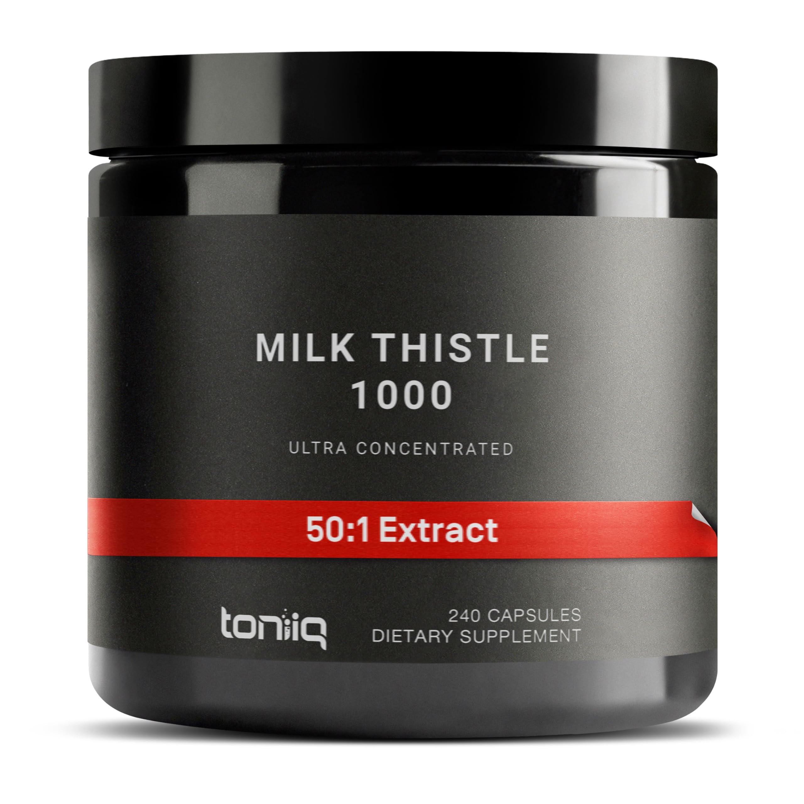Toniiq Milk Thistle bottle front view highlighting high potency and extract ratio