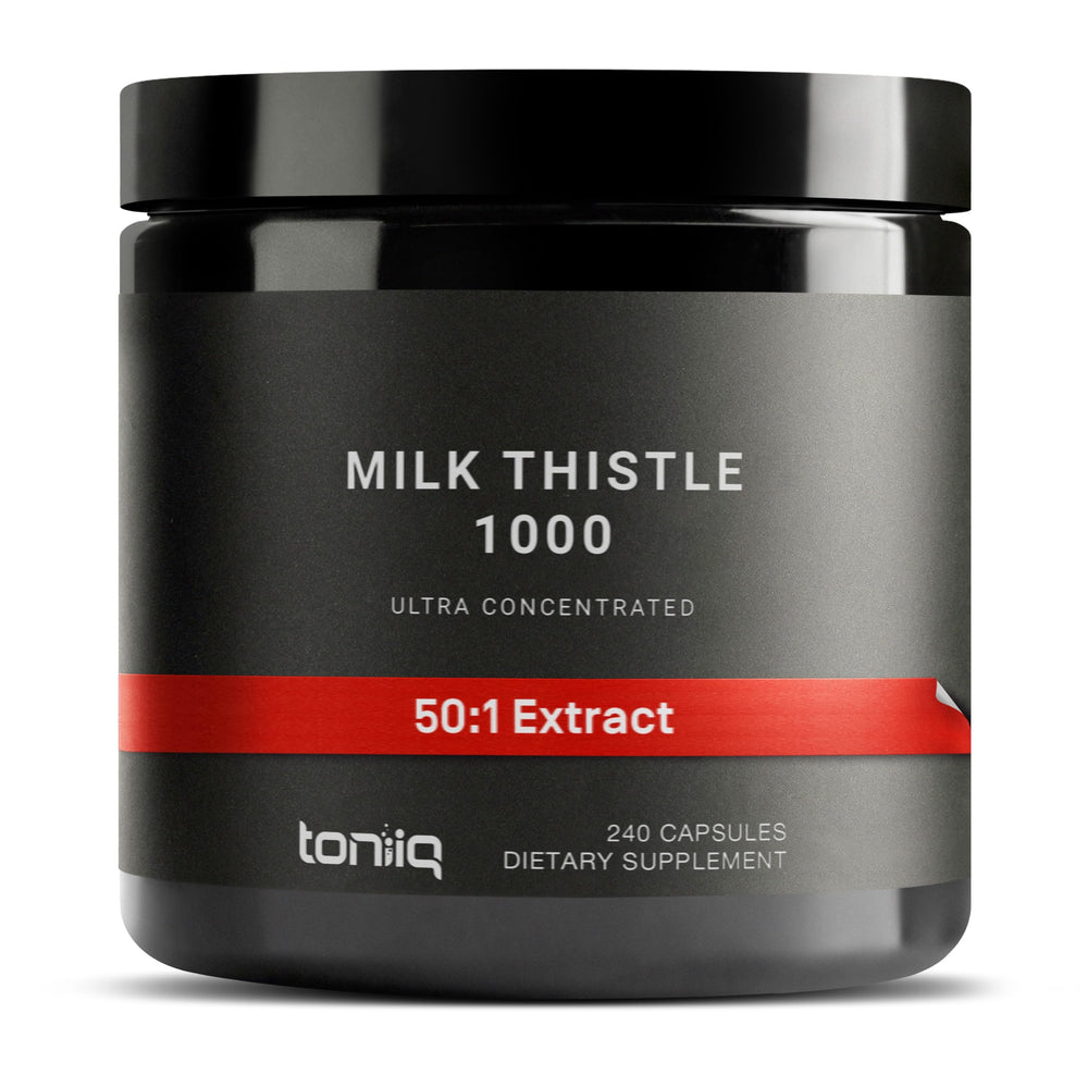 Toniiq Milk Thistle bottle front view highlighting high potency and extract ratio