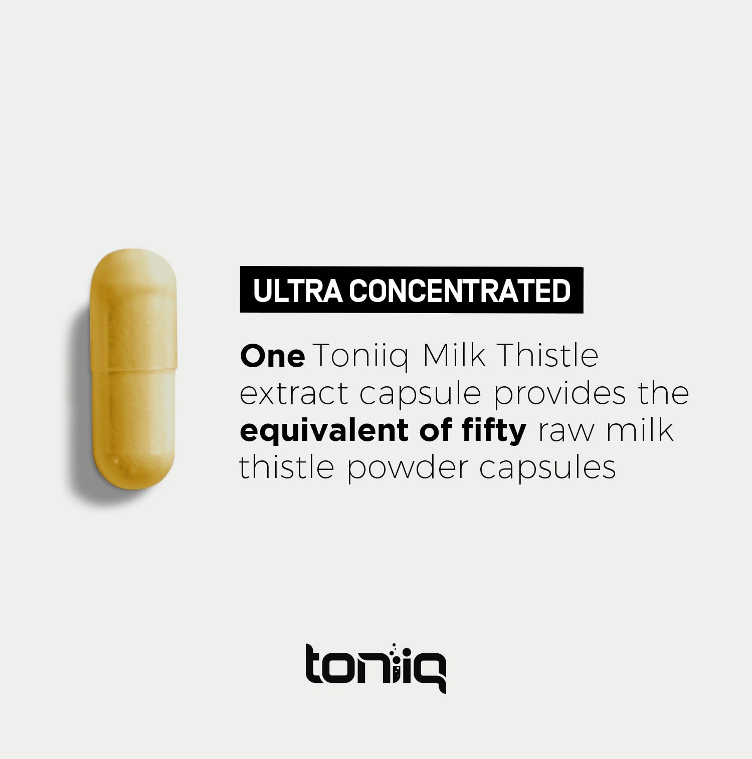 Toniiq Milk Thistle label closeup emphasizing 50:1 extract ratio and ethical sourcing