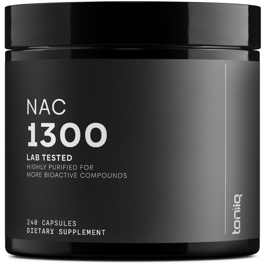 Toniiq NAC 1300mg bottle with high-potency supplement for daily antioxidant support.