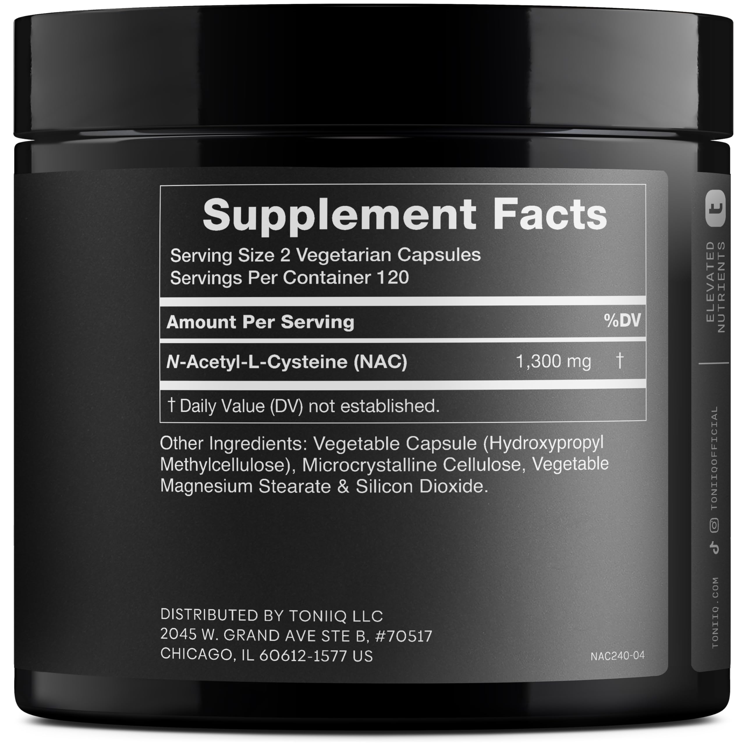 Toniiq NAC capsules close-up highlighting vegetarian format for daily wellness.