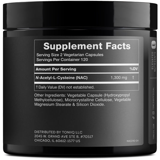 Toniiq NAC capsules close-up highlighting vegetarian format for daily wellness.