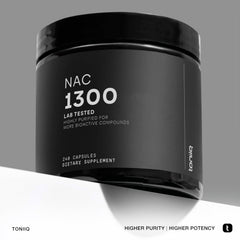 Toniiq NAC label close-up shows purity and potency claims.