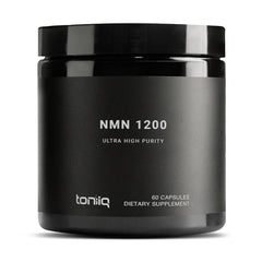 Toniiq NMN 1200mg capsules in bottle; potential support for cellular energy.
