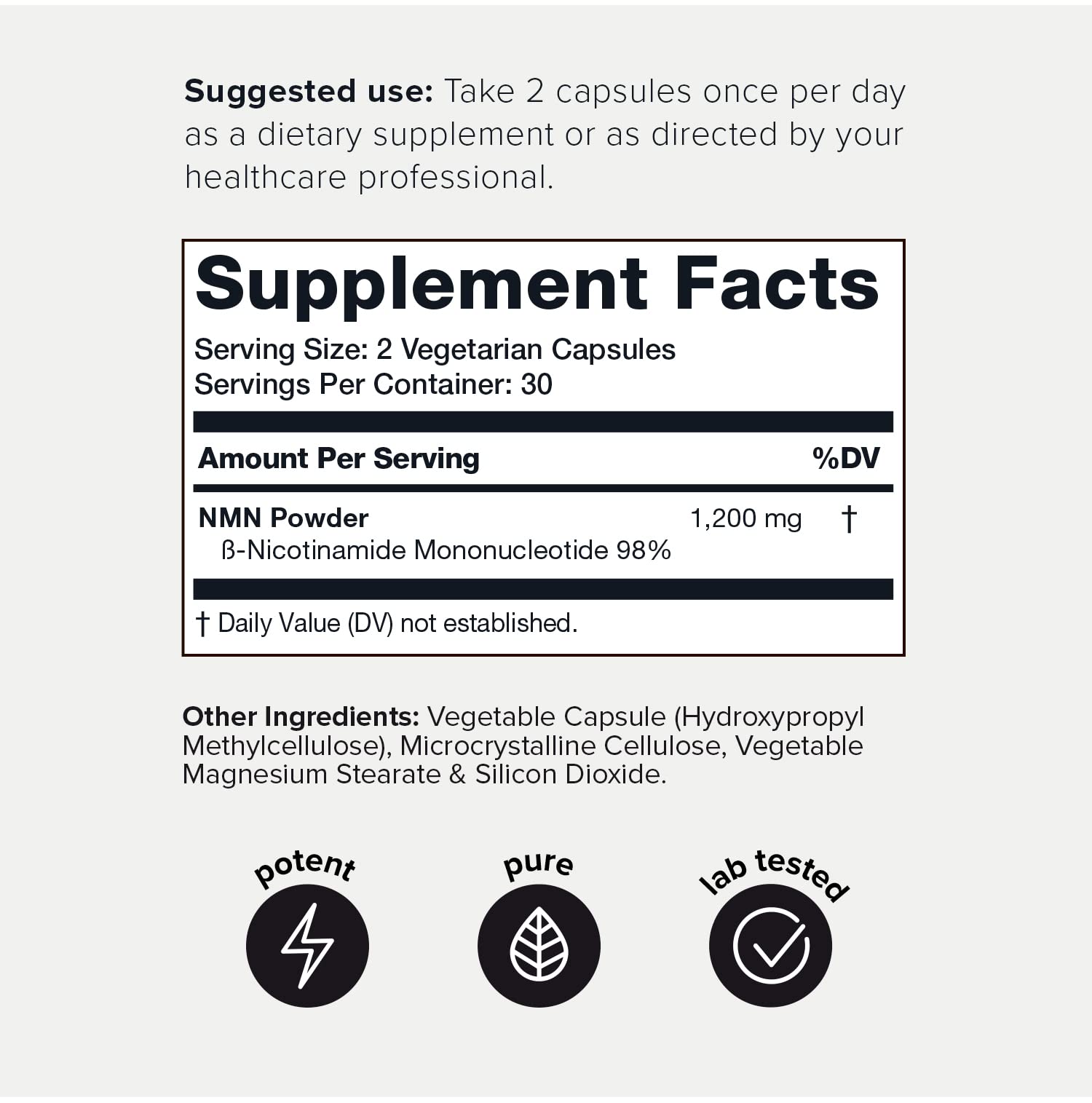 Toniiq NMN bottle front view; shelf-stable packaging protects potency.