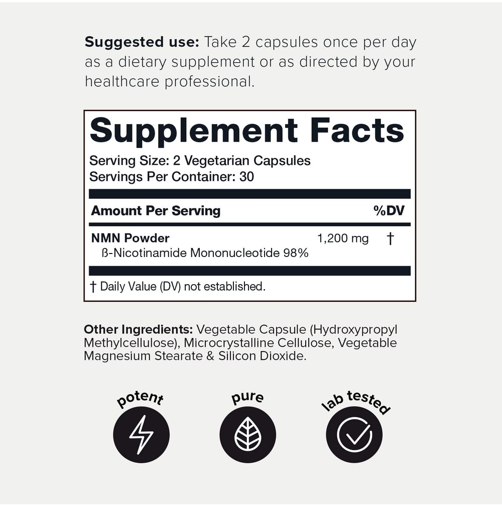 Toniiq NMN bottle front view; shelf-stable packaging protects potency.