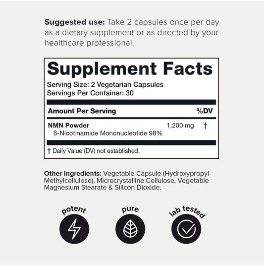 Toniiq NMN bottle front view; shelf-stable packaging protects potency.