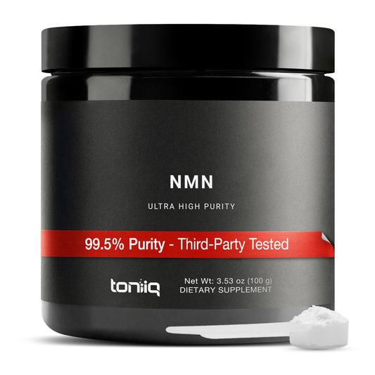 Toniiq NMN powder bottle highlighting 99.5% purity and potency.