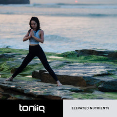 Toniiq NMN powder bottle closeup label highlights shelf-stable design.