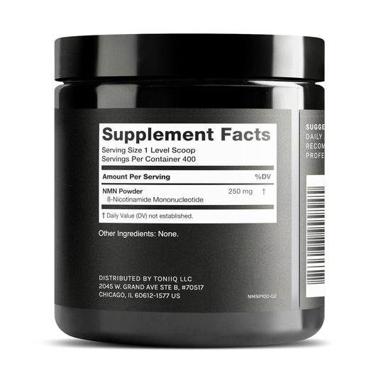 Toniiq NMN powder bottle on shelf shows convenient daily use.