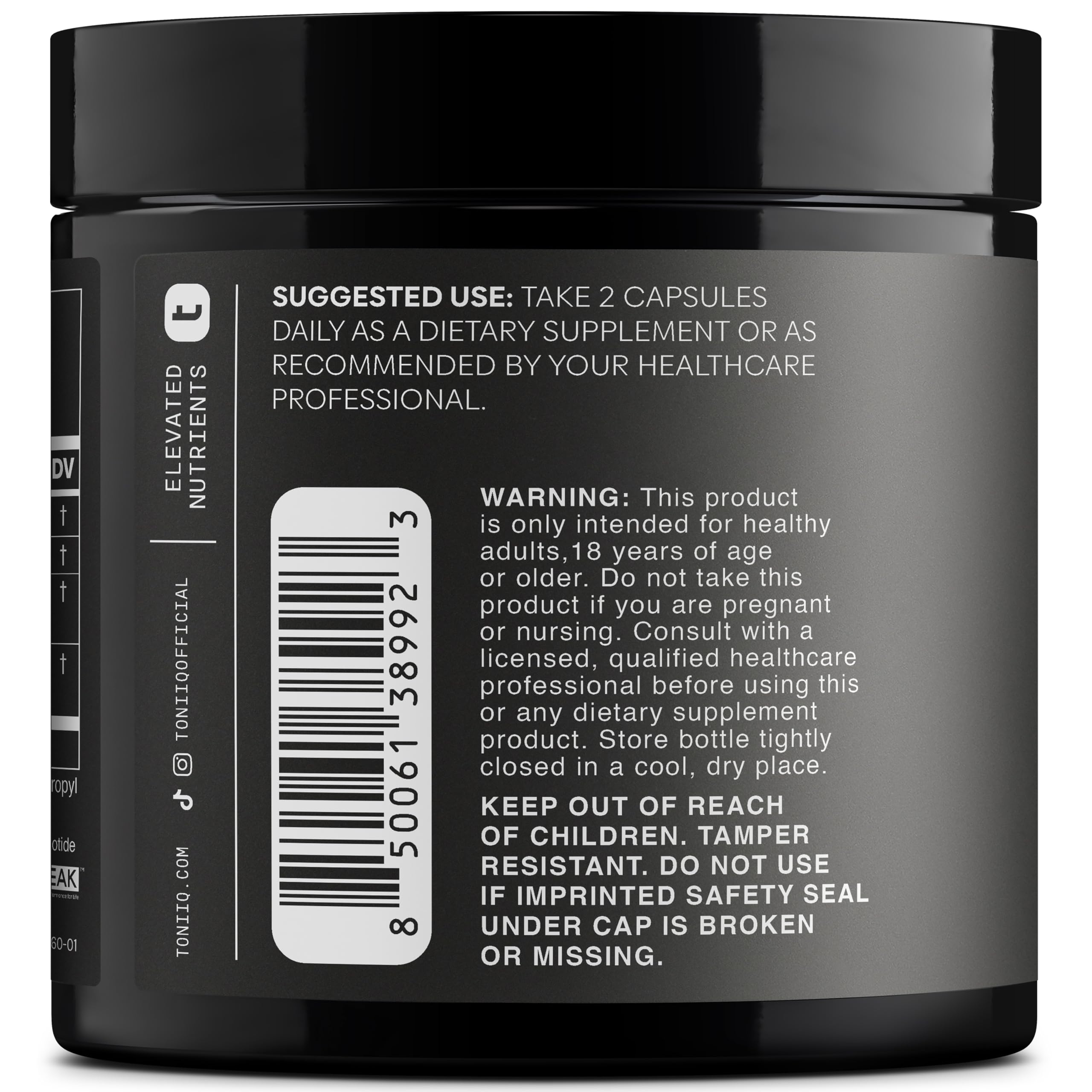Toniiq NMNH bottle front label shows purity and third-party verification.