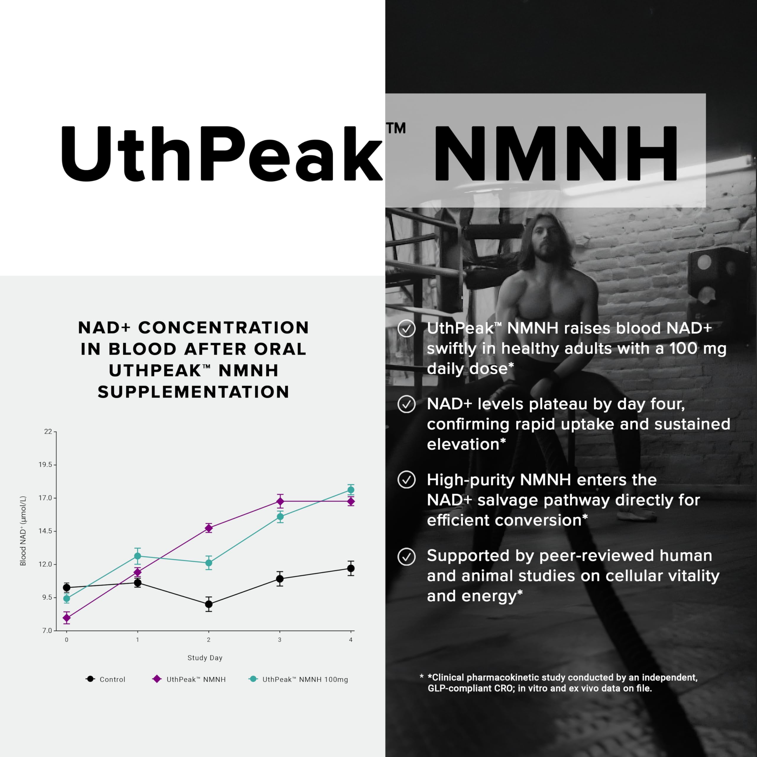 Toniiq NMNH bottle side label highlights batch data and purity.