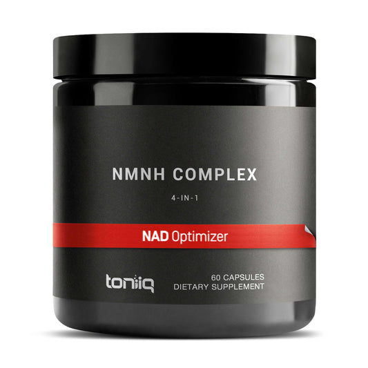 Toniiq NMNH supplement bottle close-up highlights high potency for daily wellness.