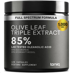 Toniiq Olive Leaf Extract Complex bottle close-up highlighting purity and potency for daily use.