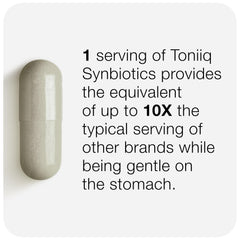 Toniiq probiotic bottle close-up suggests convenient daily capsules.