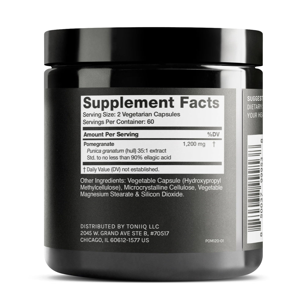 Toniiq Pomegranate Extract capsules close-up highlighting high potency ellalic acid