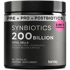 Toniiq Prebiotics-Probiotics bottle label for shelf-stable gut balance.