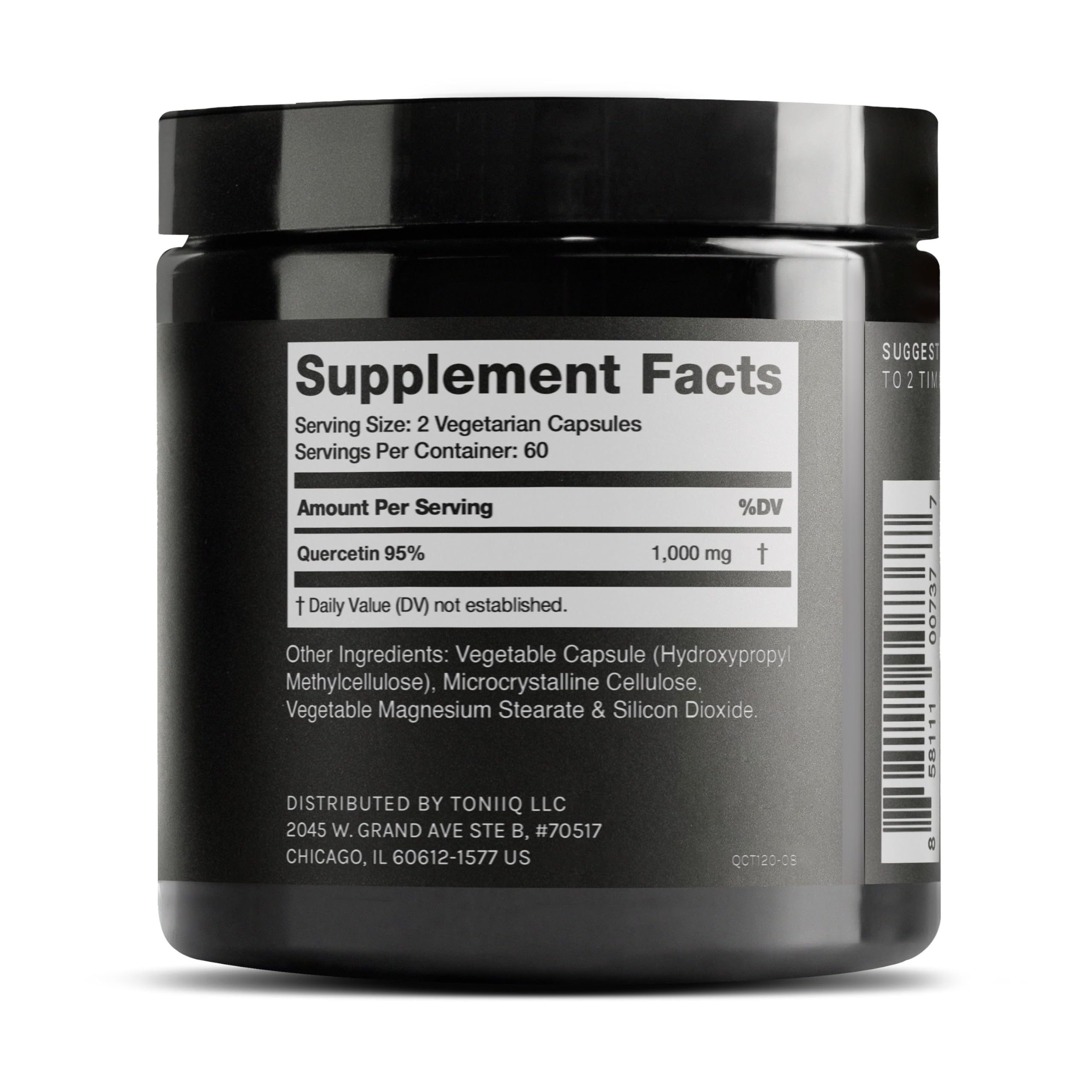 Toniiq quercetin label highlights 95%+ purity for high-quality supplementation
