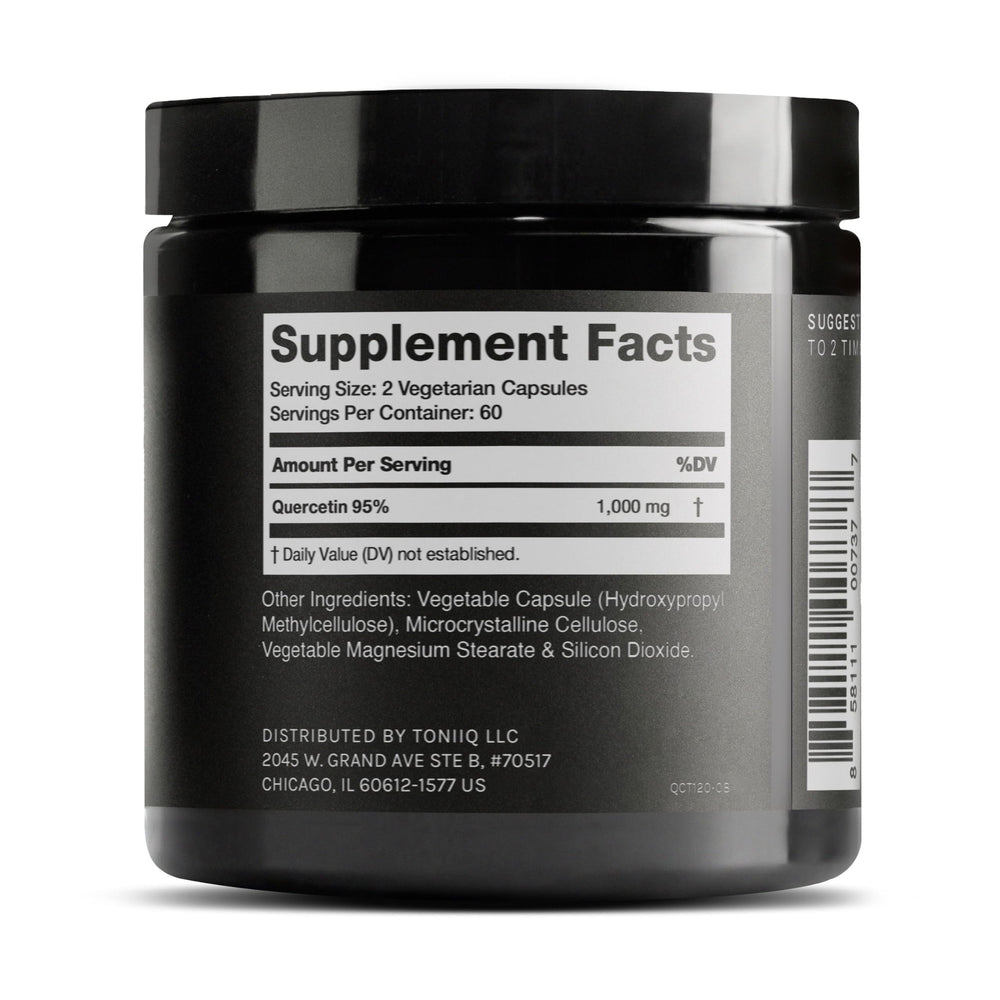Toniiq quercetin label highlights 95%+ purity for high-quality supplementation
