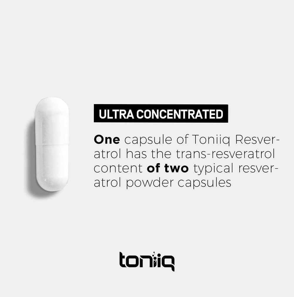 Toniiq Resveratrol bottle being poured for easy daily dosing