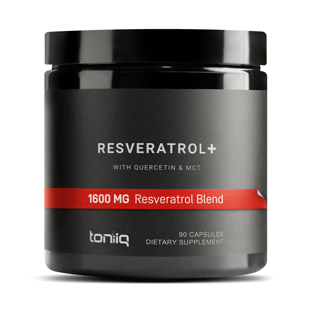Toniiq Resveratrol-Quercetin-MCT bottle front highlighting enhanced bioavailability