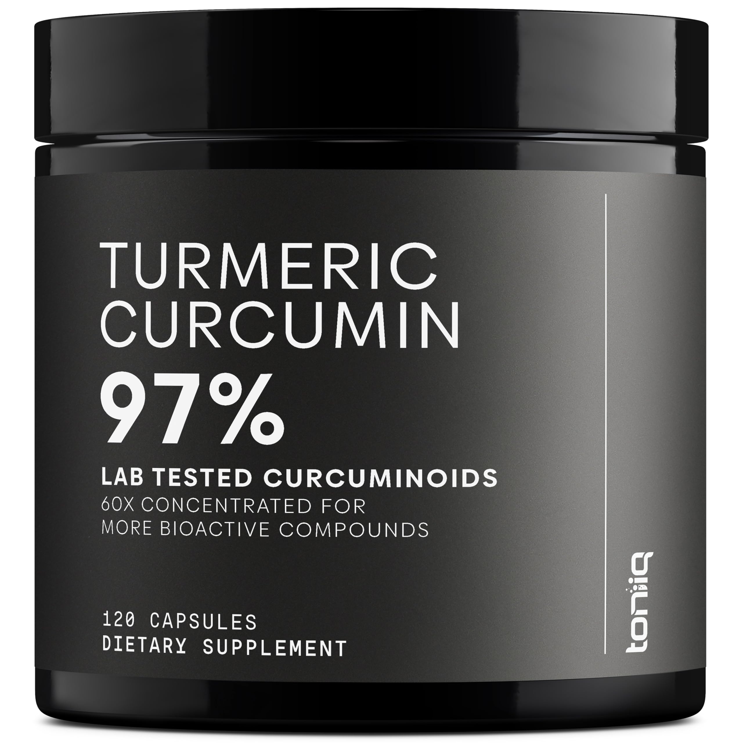 Toniiq Turmeric Curcumin 60:1 extract bottle for potent daily capsules.
