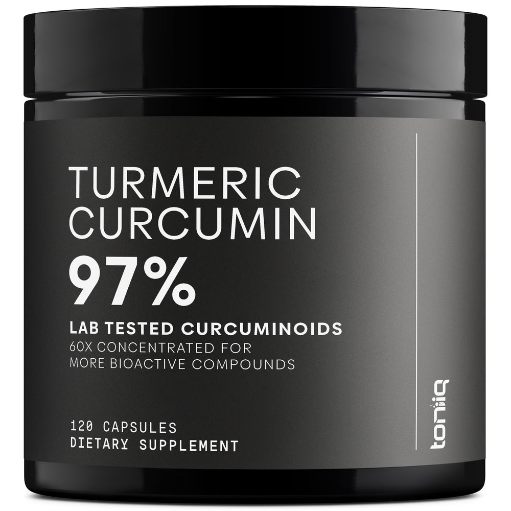Toniiq Turmeric Curcumin 60:1 extract bottle for potent daily capsules.
