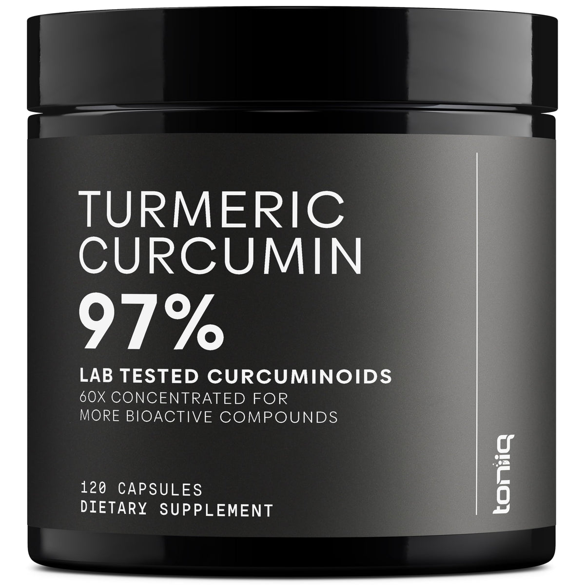 Toniiq Turmeric Curcumin 60:1 extract bottle for potent daily capsules.