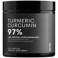 Toniiq Turmeric Curcumin 60:1 extract bottle for potent daily capsules.