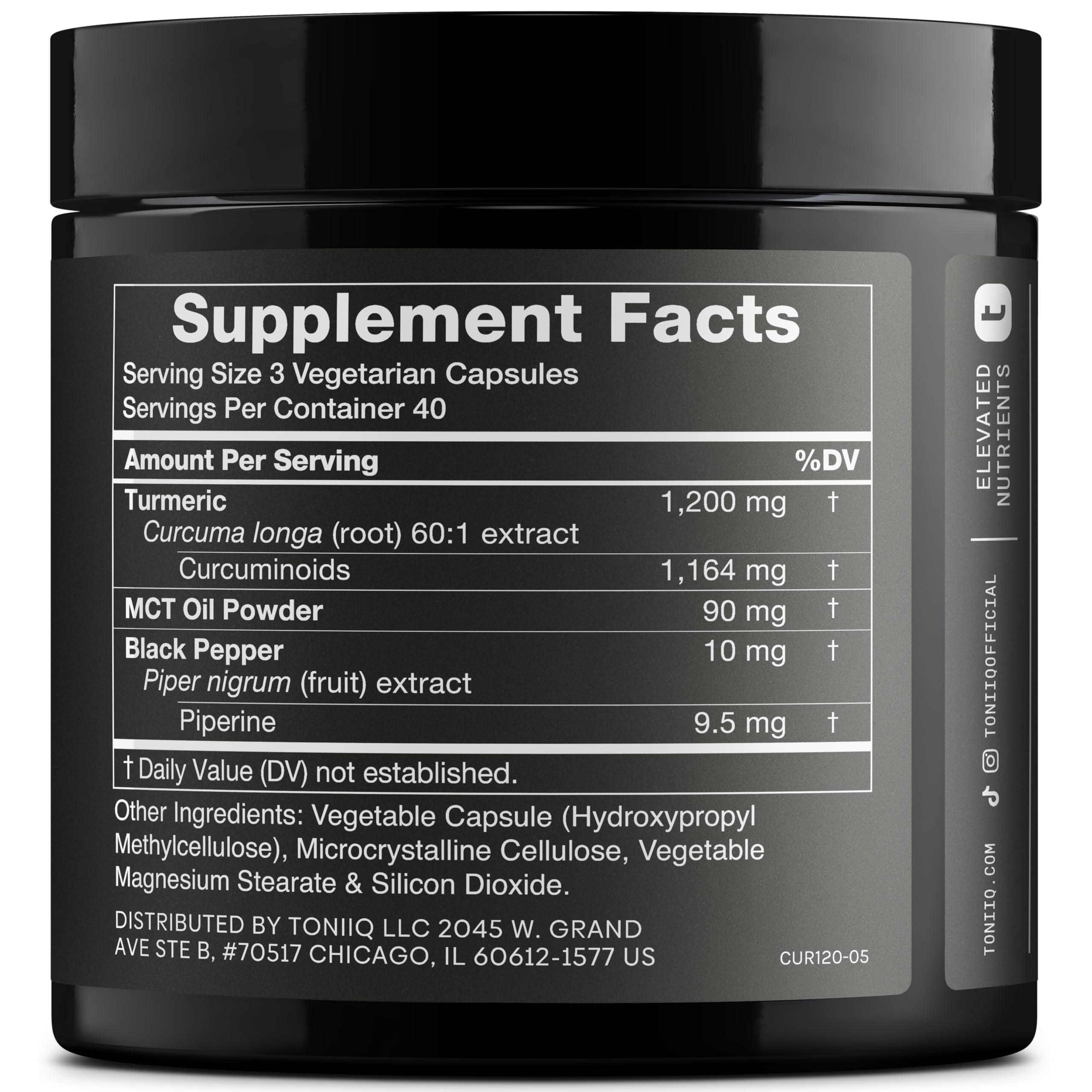 Toniiq Turmeric Curcumin 97% curcuminoids label indicating high potency.
