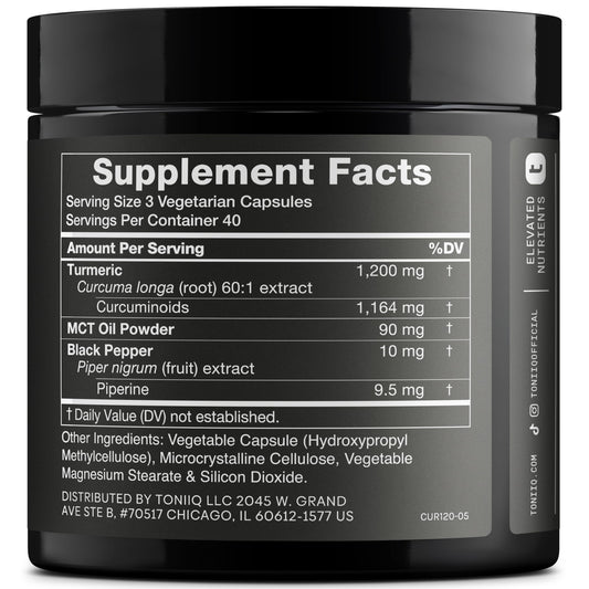 Toniiq Turmeric Curcumin 97% curcuminoids label indicating high potency.