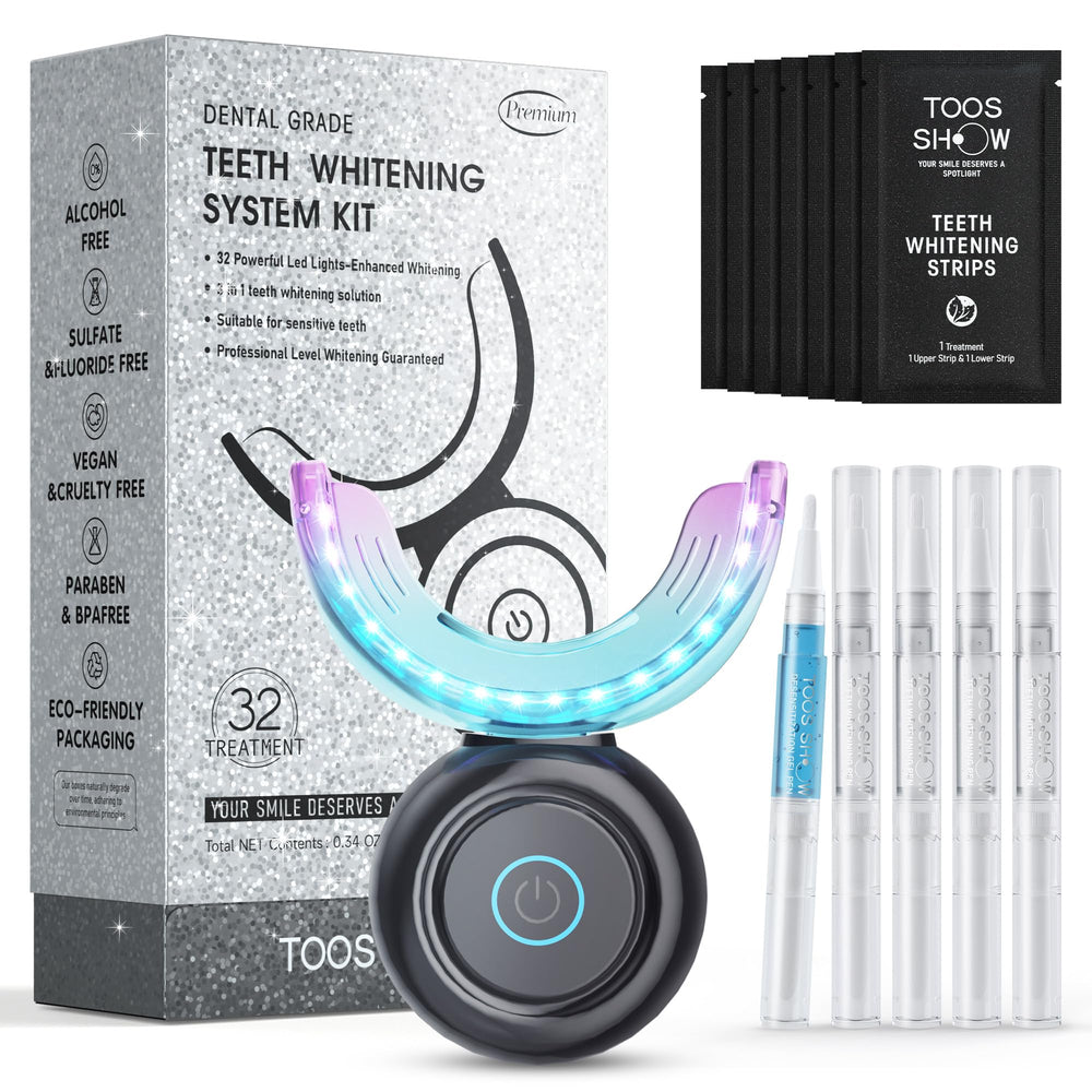 Toos Show Teeth Whitening Kit with LED light accelerates whitening for faster results.
