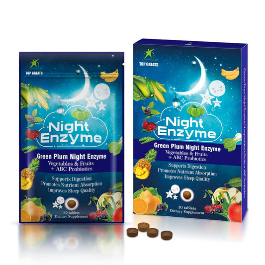 TOP GREATS Night Enzyme bottle back highlights ingredients and probiotic blend.