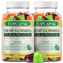 TopCAPAK Hemp Gummies 2-pack bottle for daily focus and mood support.