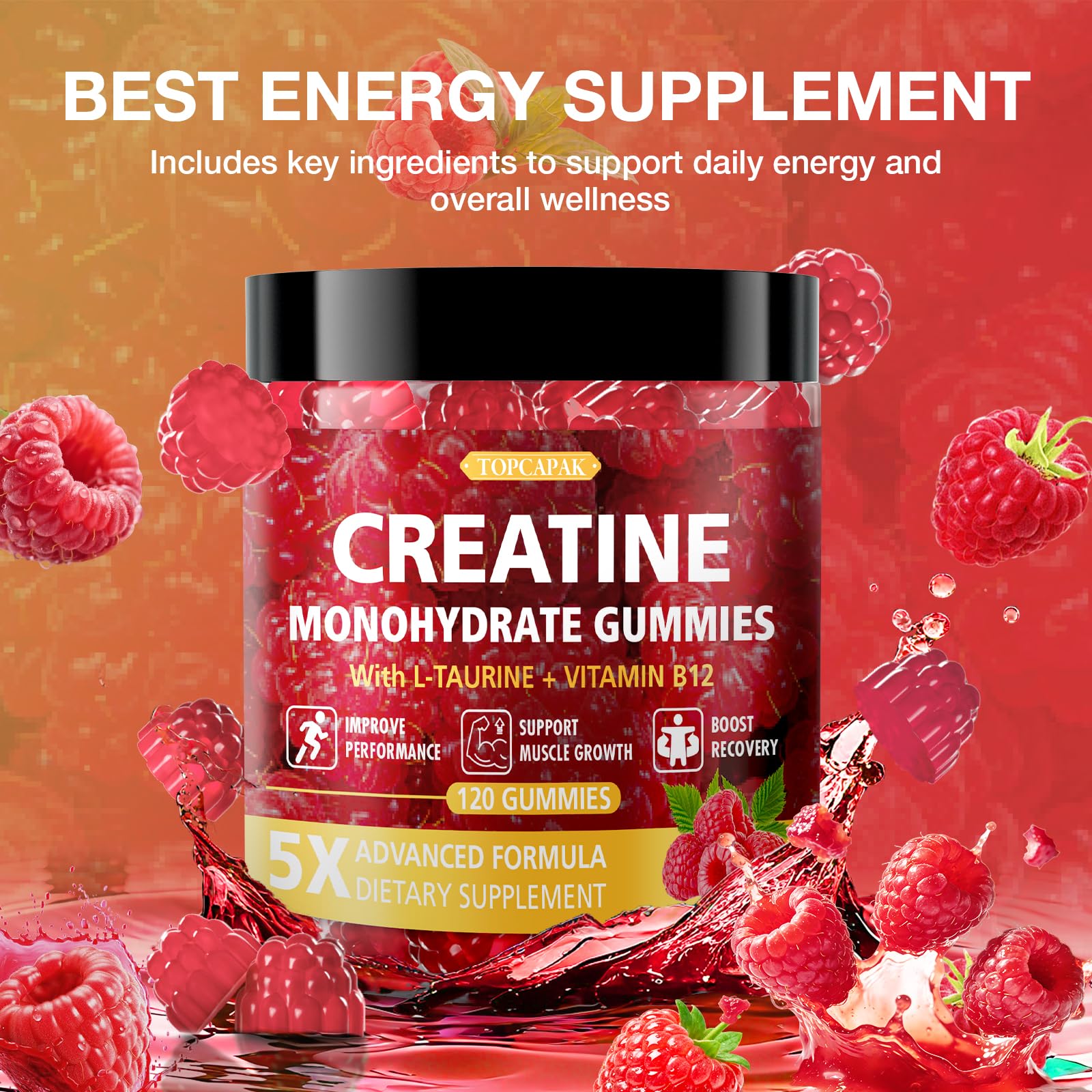 TOPCAPAK Creatine Gummies serving image displays four gummies per serving.