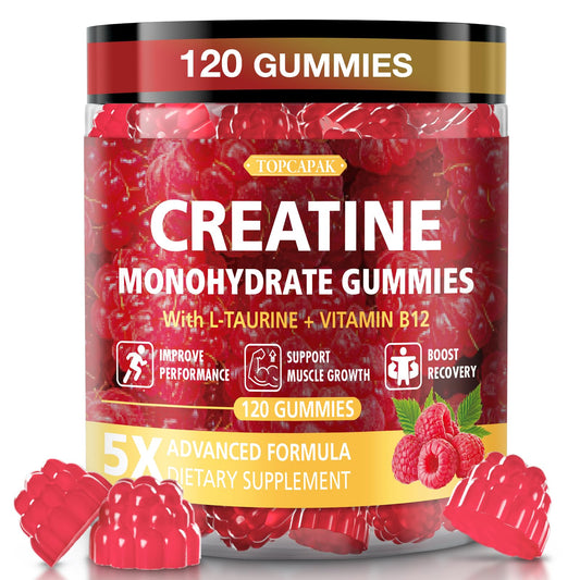 TOPCAPAK Creatine Gummies bottle-front for easy daily supplementation.