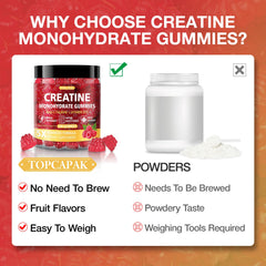 TOPCAPAK Creatine Gummies on-the-go bag image suggests gym-friendly use.