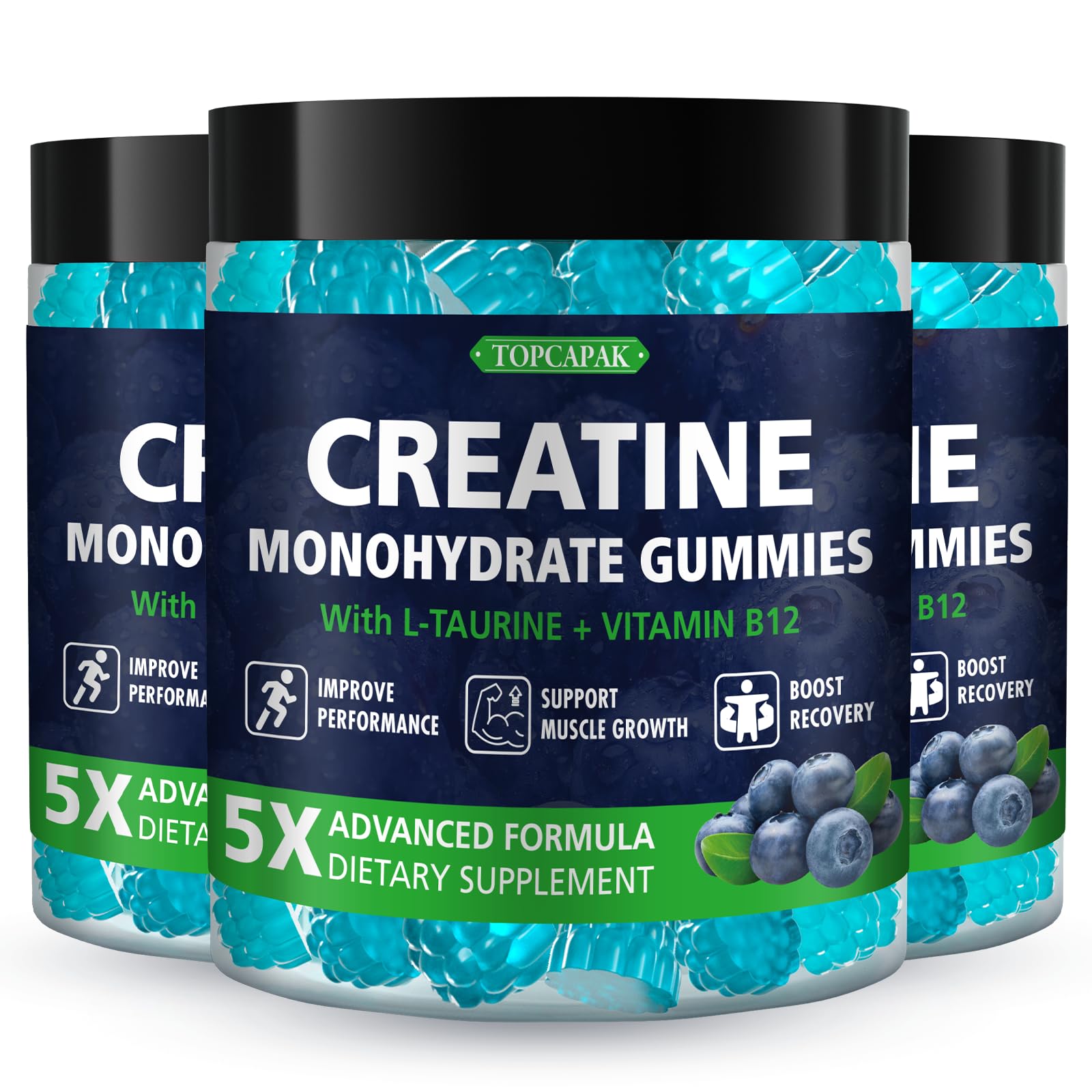 Topcapak Creatine Monohydrate Gummies in blueberry flavor for convenient workouts.