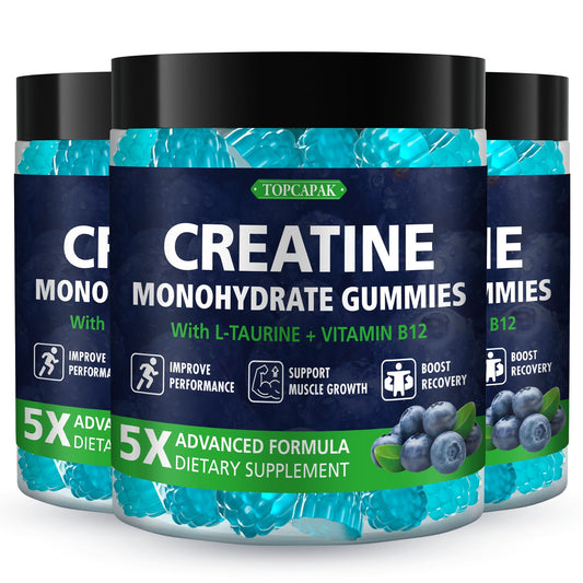 Topcapak Creatine Monohydrate Gummies in blueberry flavor for convenient workouts.