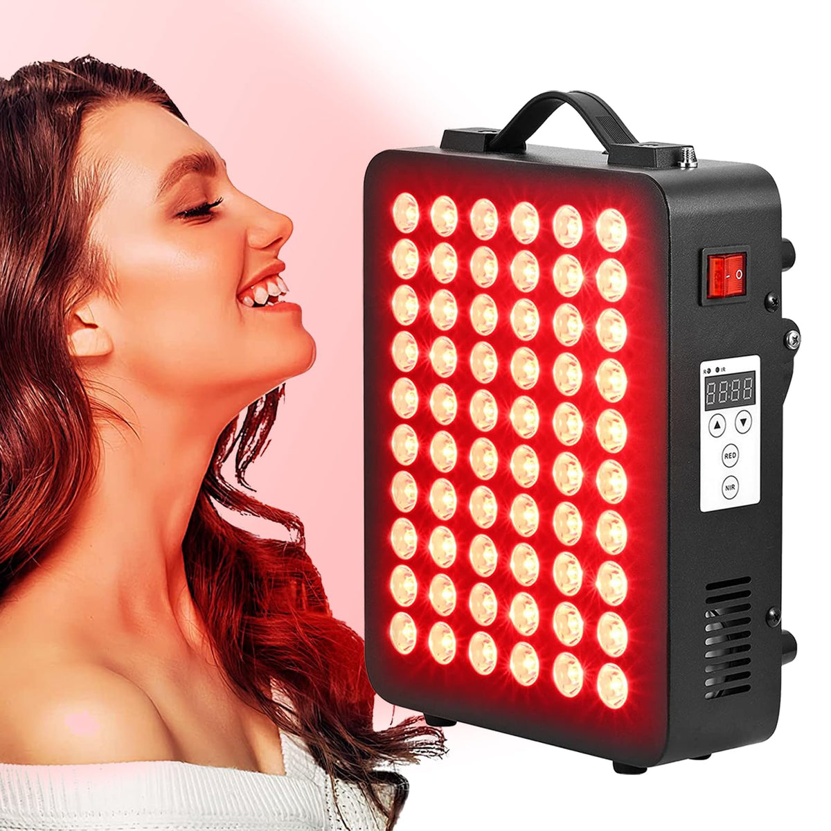 Topcupro red-light therapy panel set up for home use, versatile for body and face.