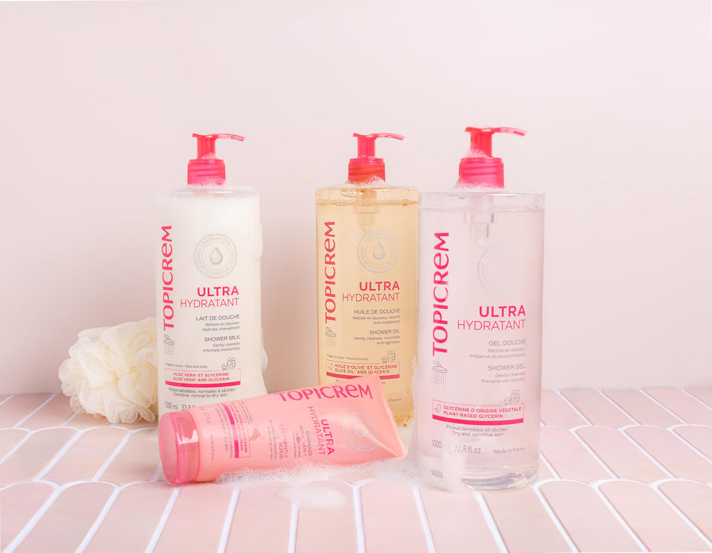 Topicrem the Ultra-Hydratant Shower Gel close-up suggests gentle cleansing for babies.
