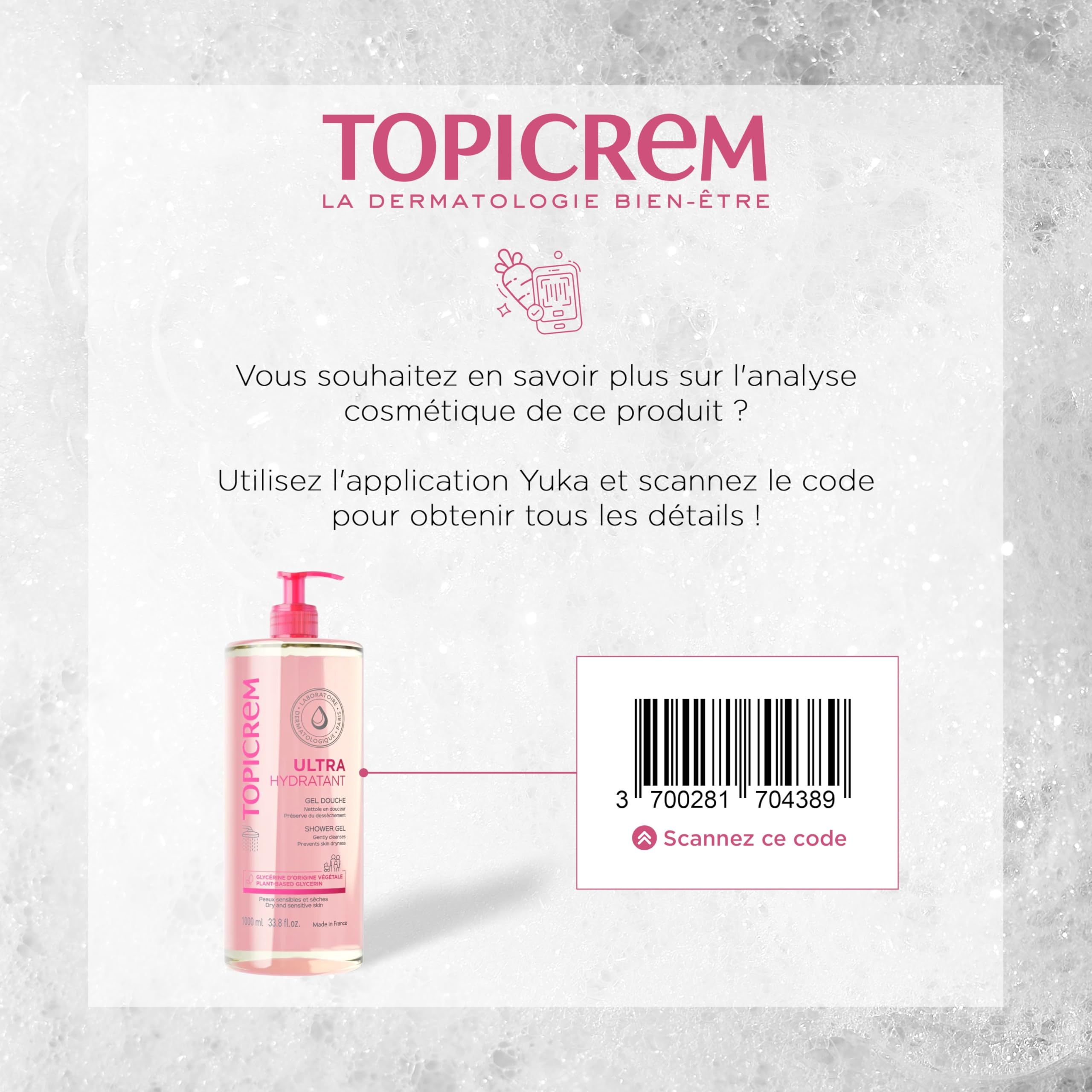Topicrem Ultra-Hydratant Shower Gel packaging is suitable for face, body and hair use.