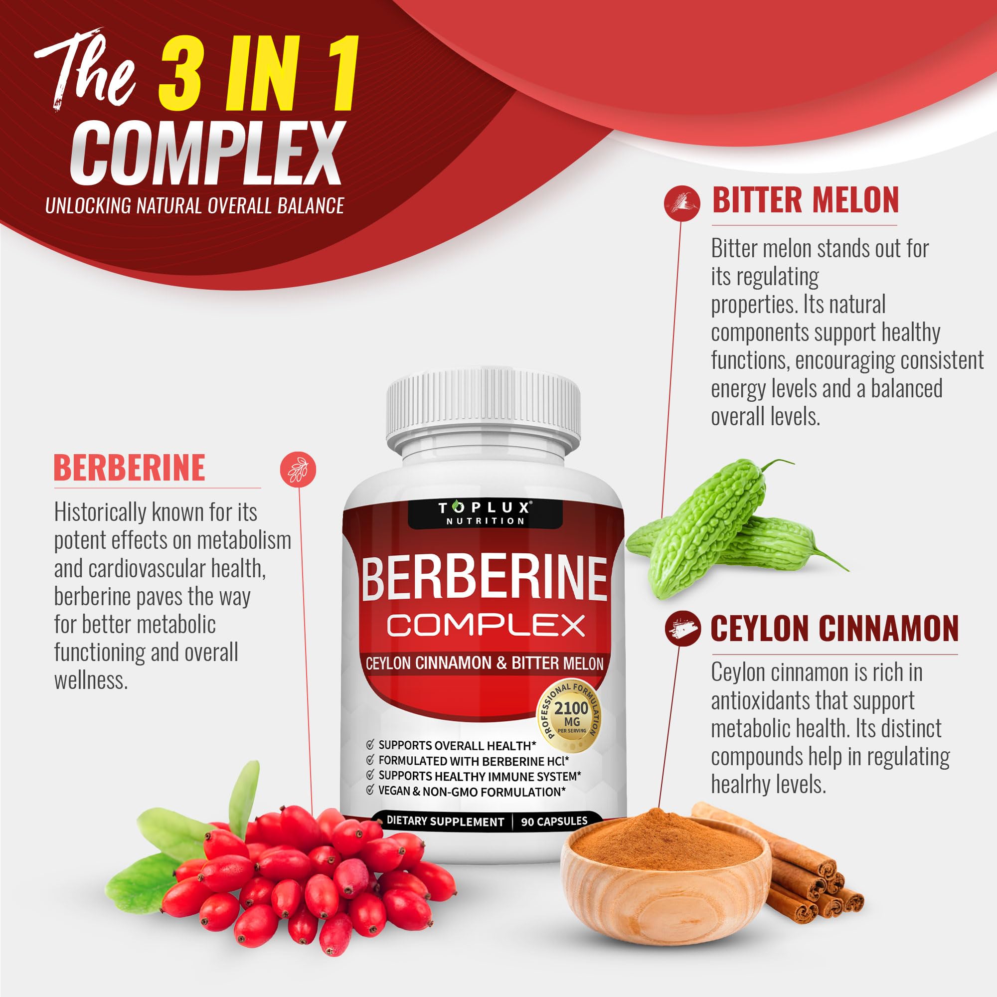 Toplux Berberine bottle with organic ingredients note for clean sourcing