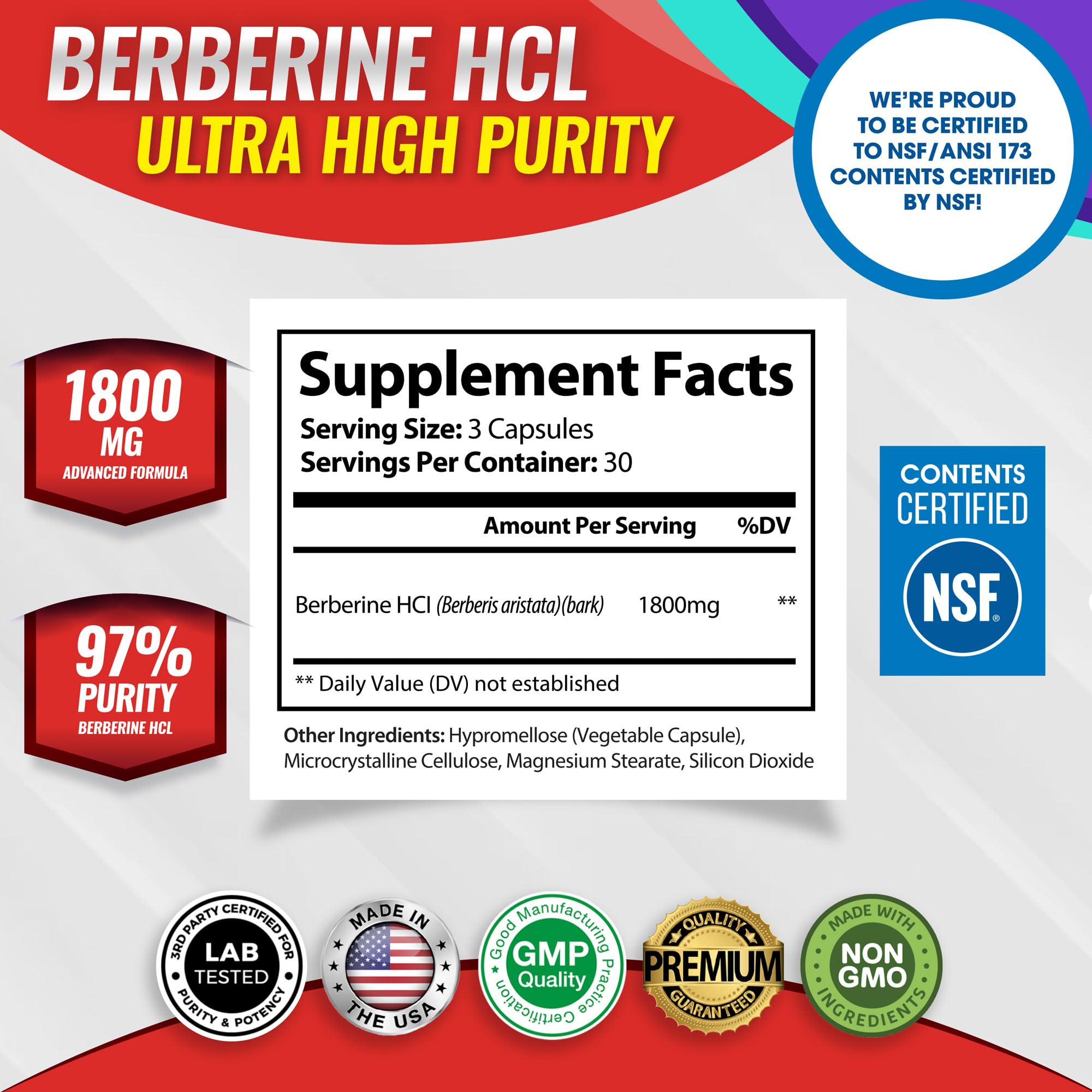 Toplux Berberine bottle label highlights 97% purity and 1800mg per serving