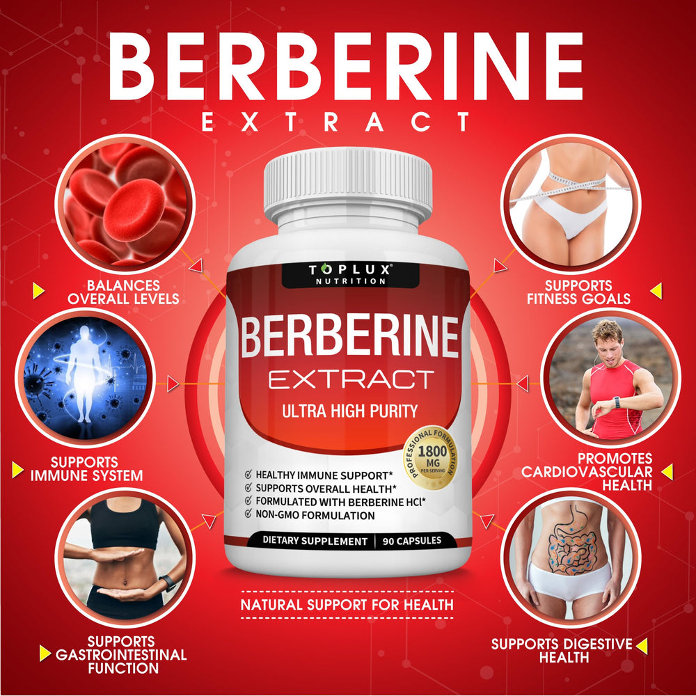Toplux Berberine capsules close-up; easy-to-swallow vegan capsules