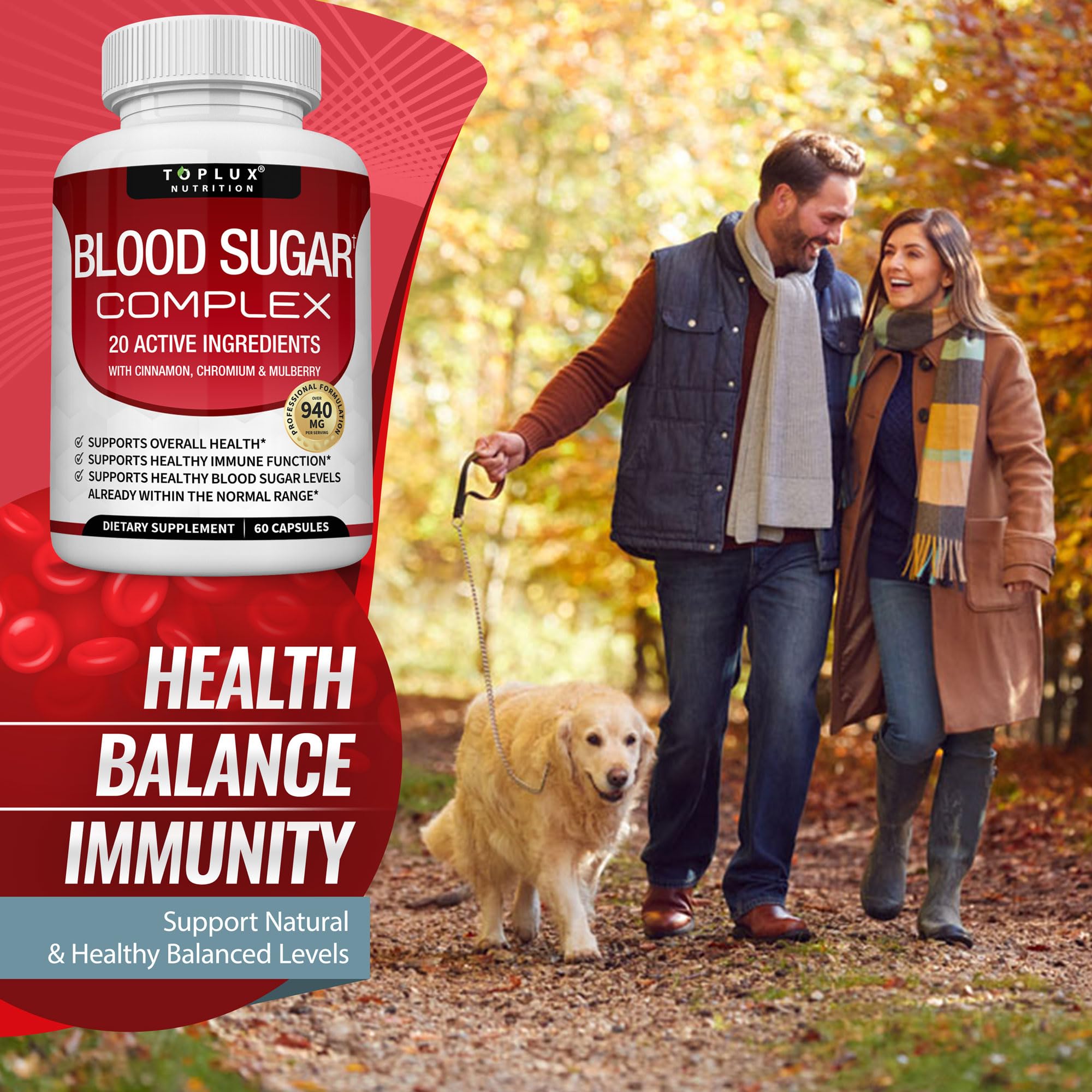 Toplux Blood Sugar Complex arranged with morning routine imagery for daily use