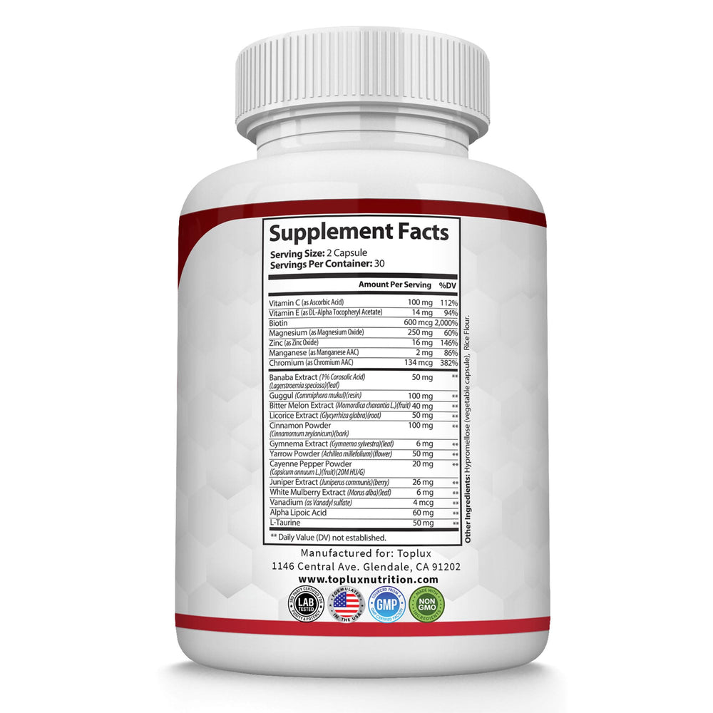 Toplux Blood Sugar Complex Non-GMO formulation label emphasis
